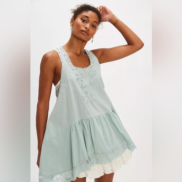 Free People Mint Green Embroidered Lace Tunic Top Size S Boho 100 Cotton - Picture 2 of 4